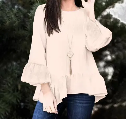 Women's Ruffled Cotton And Linen Style Solid Color T shirt Casual Beach Blouse Khaki - Shop at LoveMi