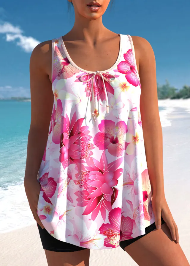 Popular Printed Tankini Swimsuit Split Plus Size Ladies Pink - Shop at LoveMi