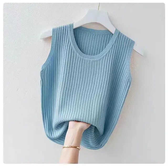 Women's Summer Ice Silk Round Neck Camisole Vest Knitted Bottoming Shirt Blue - Shop at LoveMi