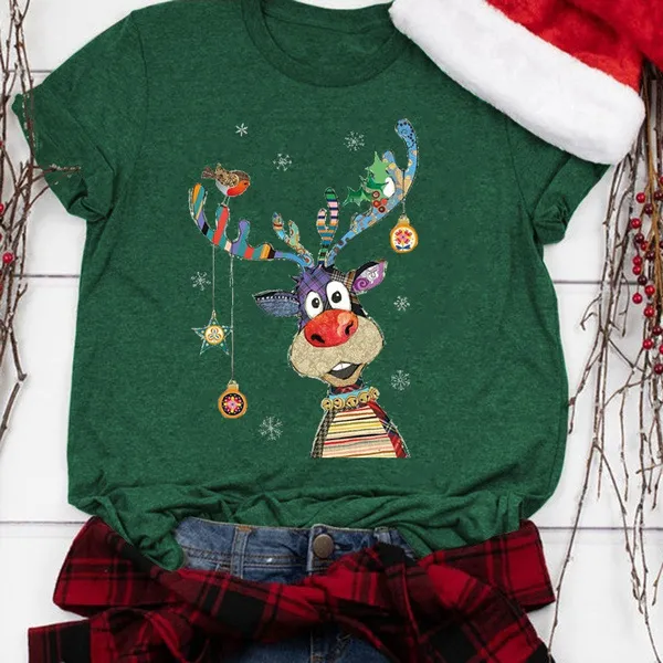 European And American Santa Claus Snowman Printed Short sleeved T shirt Green - Shop at LoveMi