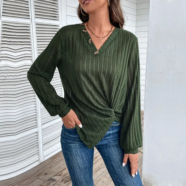 Fall V neck Women's Top Texture Sunken Stripe Long sleeved Sweater Army Green - Shop at LoveMi