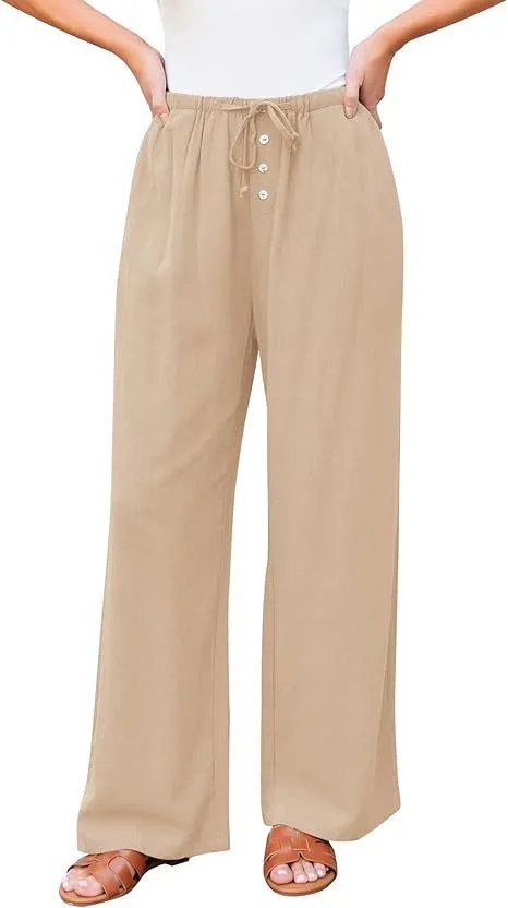 High Waist Button Drawstring Loose Casual Summer Wide leg Pants With Pockets Khaki - Shop at LoveMi