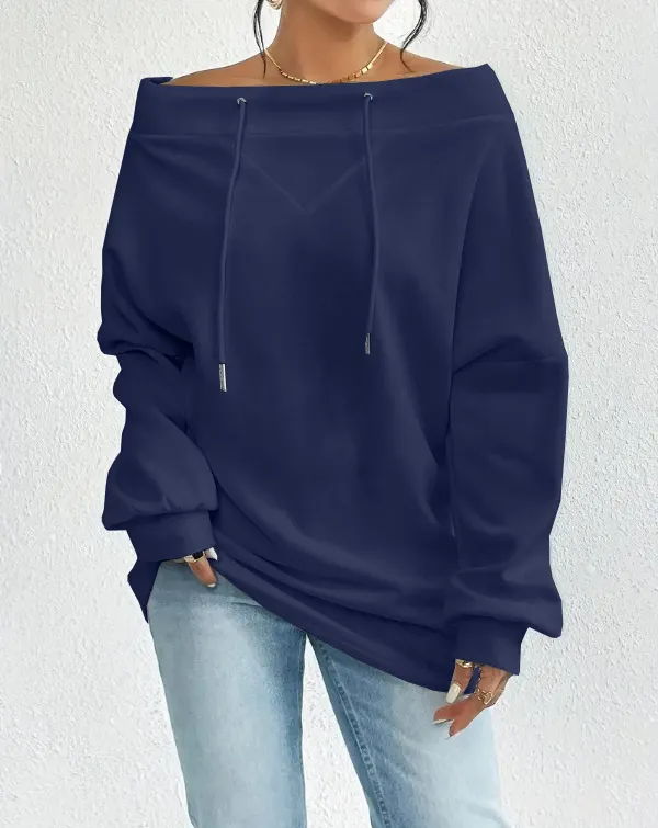 Women's Loose Casual Drawstring Off the shoulder Off shoulder Top Navy Blue - Shop at LoveMi