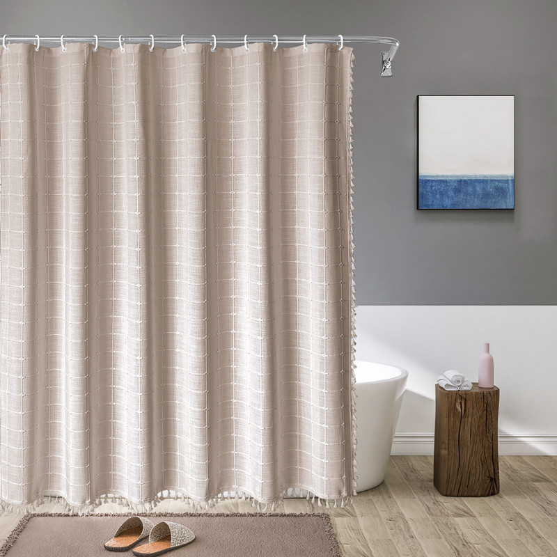 Tencel-linen Checkered Tassel Bathroom Checkered Partition Curtain Waterproof Shower Curtain