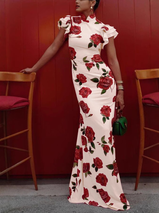 European And American Sleeveless Casual Printed Dress New Chinese Cheongsam