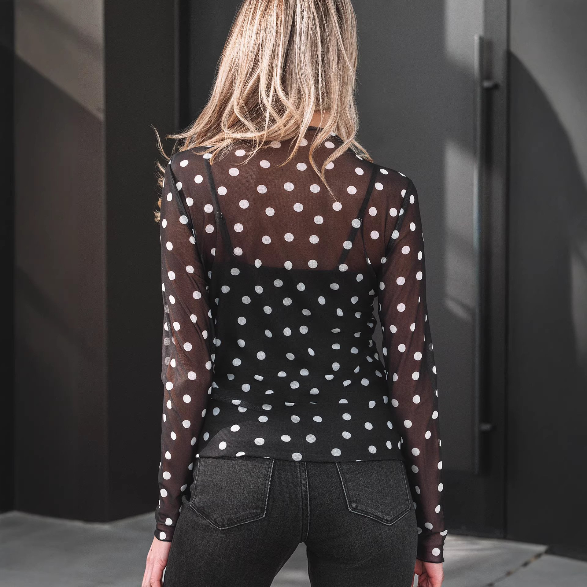 Womens Versatile Casual Polka-Dot Printed Mesh Top