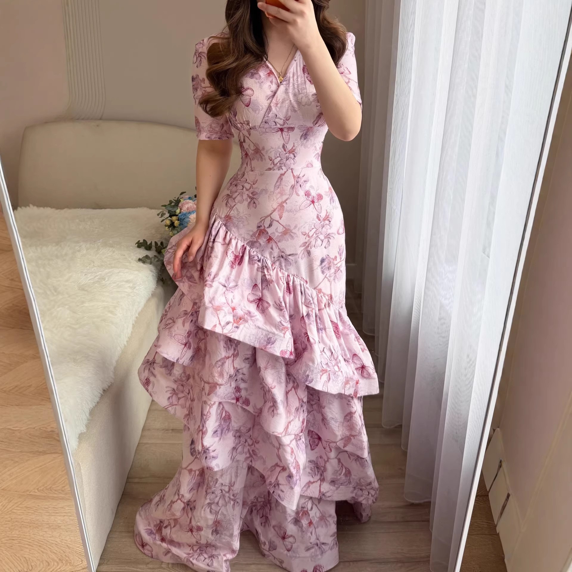 V-neck Floral Ruffled Slim-fit Long Mermaid Dress 0fb79e82 634c 456a B7f9 6f1a7103a694