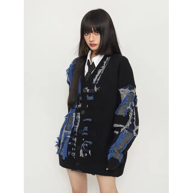 Retro Shabby Stitching Idle Style V neck Cardigan Sweater Black - Shop at LoveMi