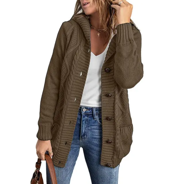 Women's Winter Solid Color Mid length Cardigan Sweater Coat Brown - Shop at LoveMi