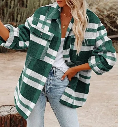 Plaid Button Flannel Woolen Shirt Green - Shop at LoveMi