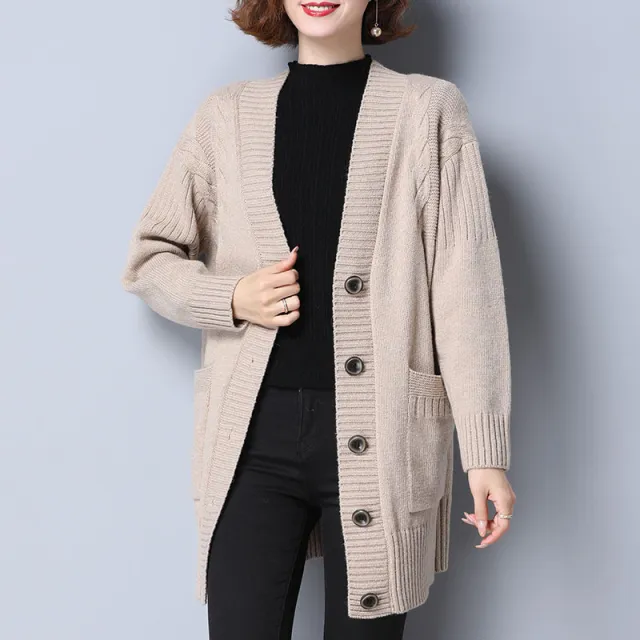 Women's Knitted Loose Mid length Sweater Cardigan Coat Beige - Shop at LoveMi