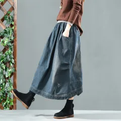 Retro Elastic Waist Washed Denim Skirt - View 1
