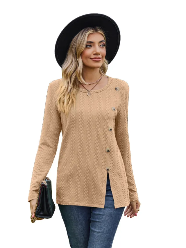 Women's Round Neck Button Split T shirt Top Light Khaki - Shop at LoveMi