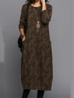 Printing Crew Neck Casual Temperament Long Sleeve Pocket Dress - Brown - View 1