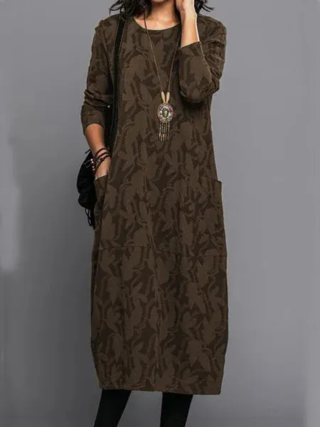 Printing Crew Neck Casual Temperament Long Sleeve Pocket Dress Brown - Shop at LoveMi