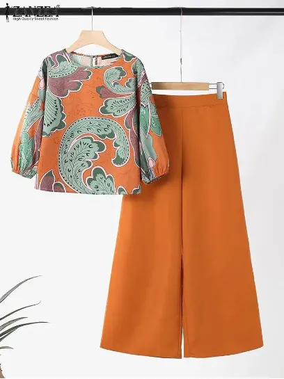 Summer Floral Print Top Wide Leg Pants Sportswear Fashion Loose Match Suit Orange - Shop at LoveMi