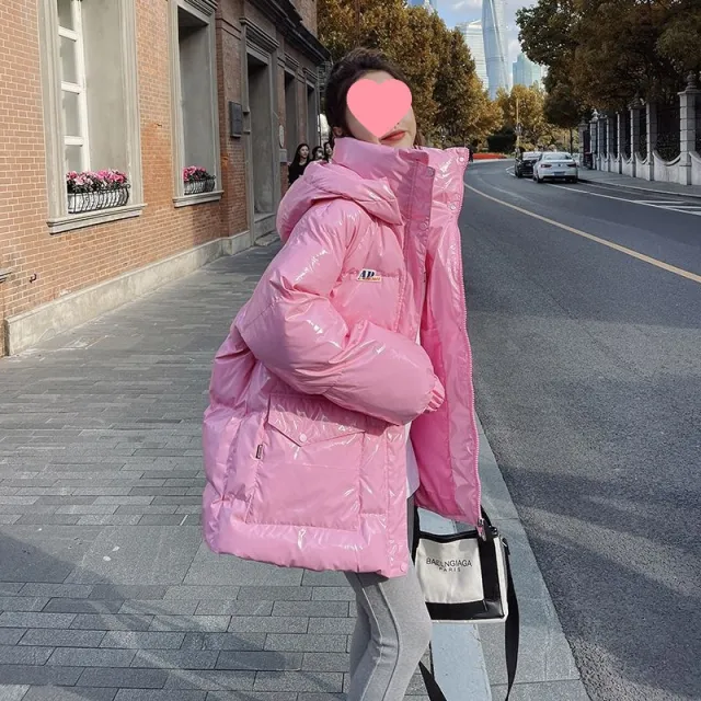 Pink Glossy Down Cotton padded Jacket Women's Mid length New Pink - Shop at LoveMi
