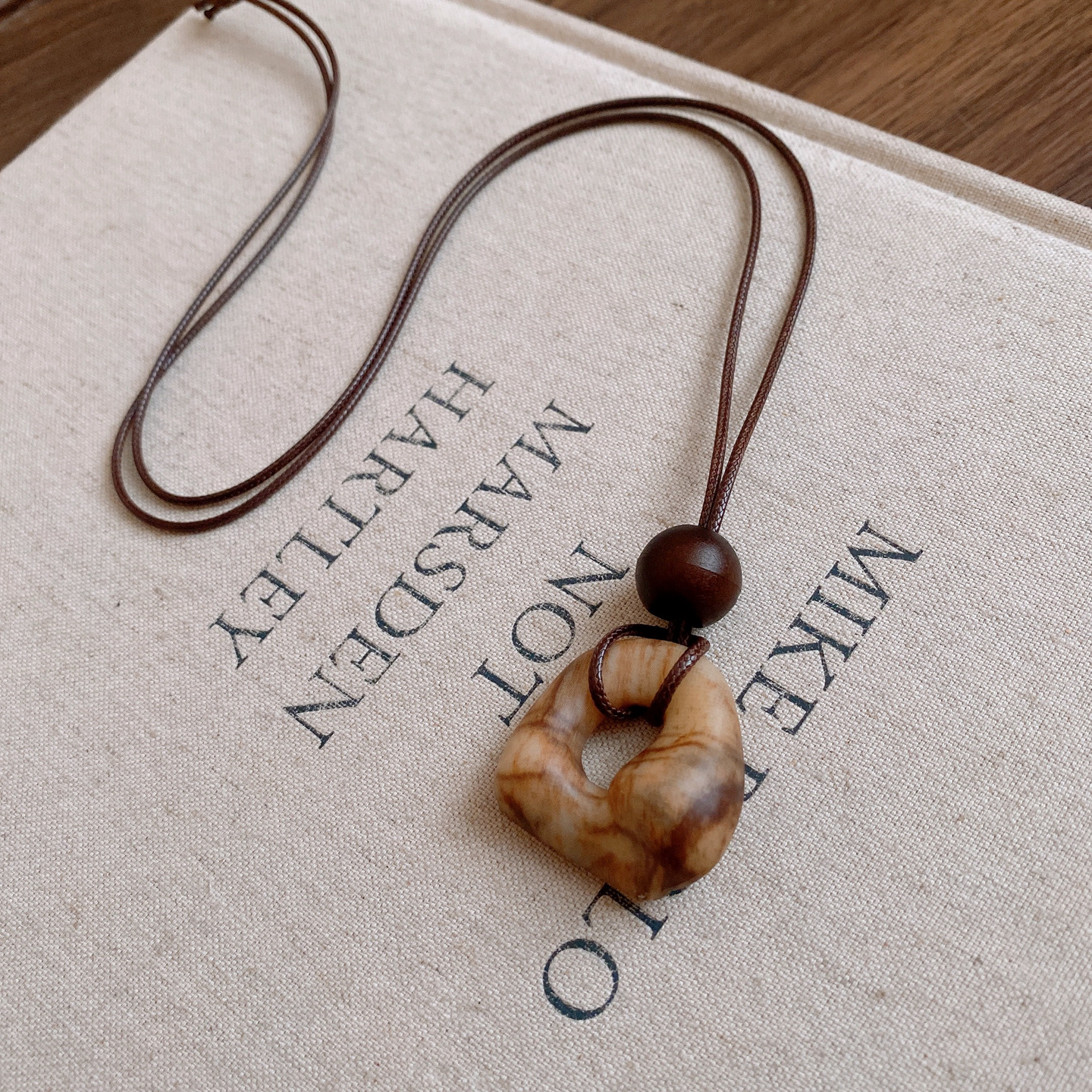 Irregular Geometric Wood Bead Resin Pendant Long Necklace