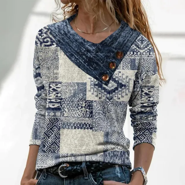 Printed Button Top V neck Long Sleeve Style 1 - Shop at LoveMi