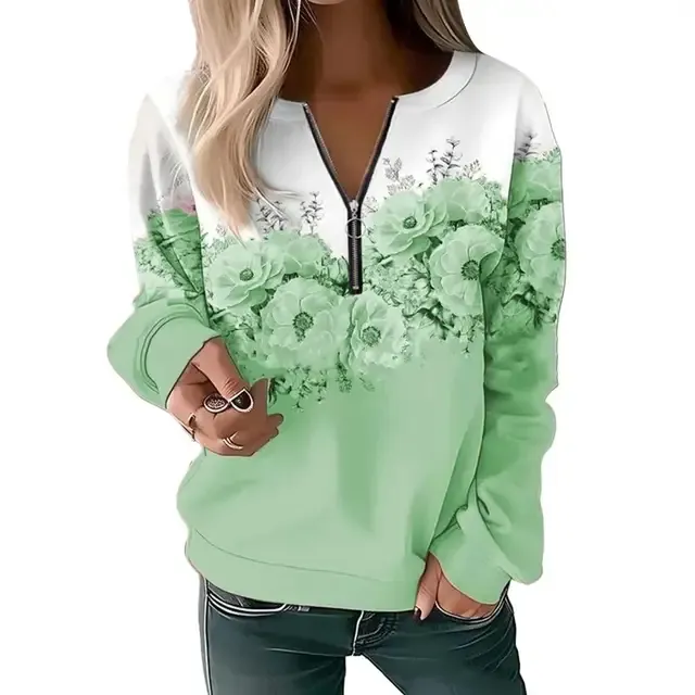 Women's Sweatshirt Zipper Pullover Casual Printed Sweater Light Green - Shop at LoveMi