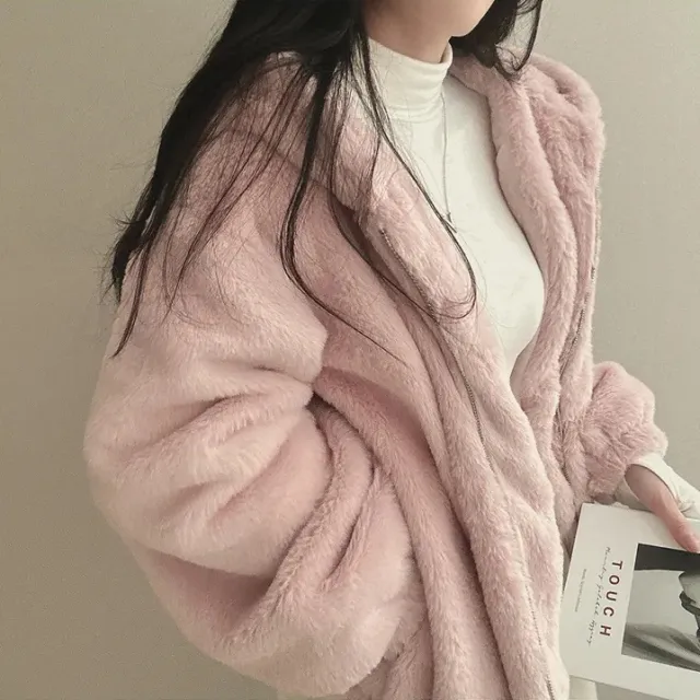 South Korea French Minority Zipper Hooded Warm Casual Sports Plush Coat Pink - Shop at LoveMi