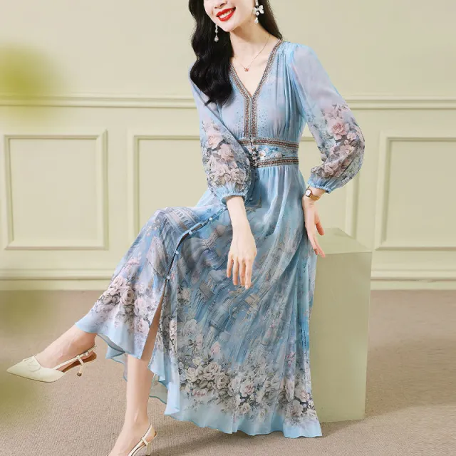 French Slimming Temperament Printed Floral Skirt Blue - Shop at LoveMi