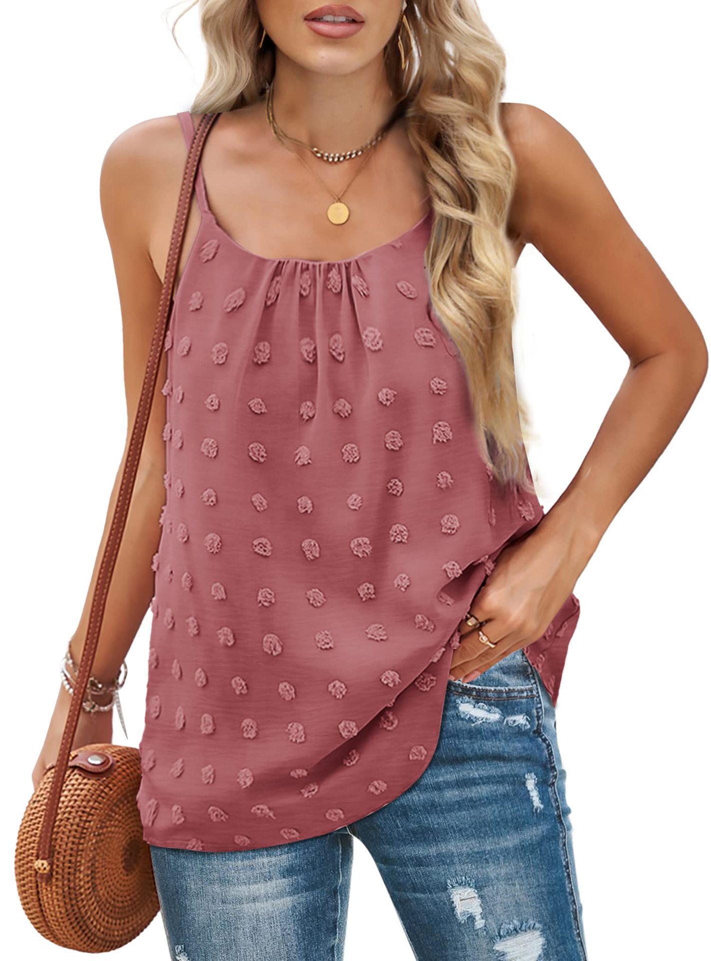 Women's Round Neck Pompon Sleeveless Adjustable Camisole Pink - Shop at LoveMi