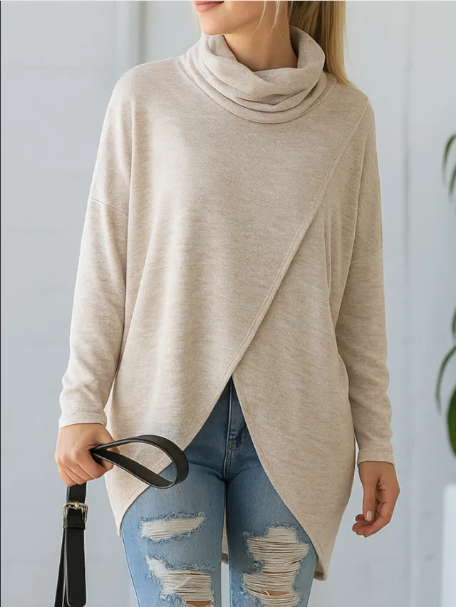 Casual, Relaxed fit, Fashionable Long sleeve Solid color Turtleneck Knit Top Apricot - Shop at LoveMi