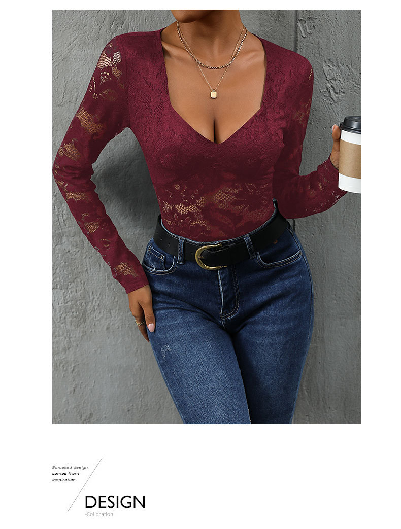 Women’s Lace Long Sleeve Bodysuit – Deep V Neck Solid Top