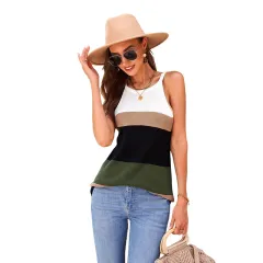 Women's Knitted Outer Vest Waist Trimming Casual Contrast Colour Sleeveless - Green - View 1