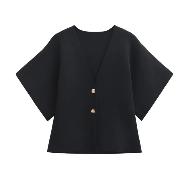 European And American Fashion Women's Wear Elegant Cardigan Plain Stitch Short Sleeve V neck Casual Simple Knitting Top Black - Shop at LoveMi