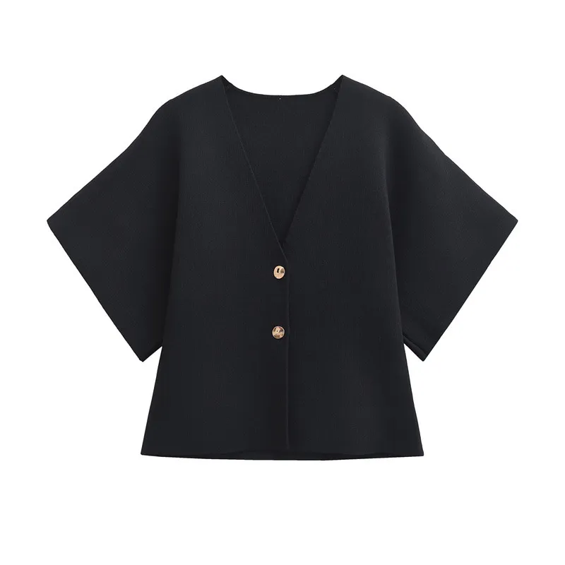 European And American Fashion Women's Wear Elegant Cardigan Plain Stitch Short Sleeve V-neck Casual Simple Knitting Top - Black