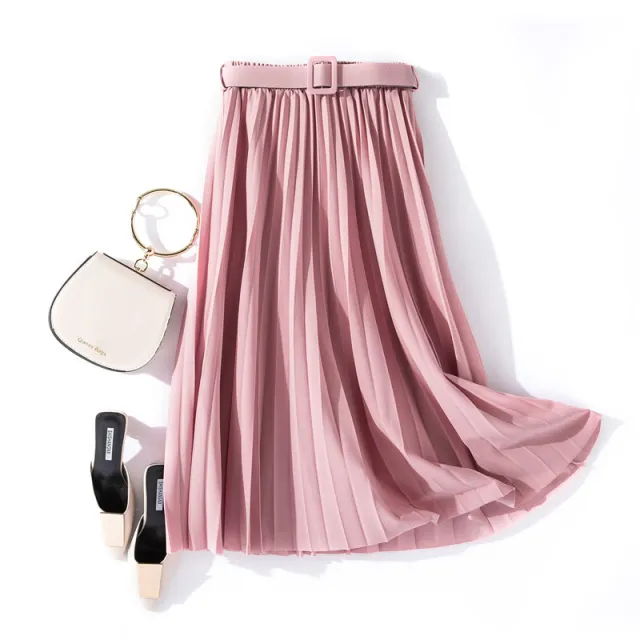 Solid Color Simple Organ Pleated Skirt Mid length Skirt Pink - Shop at LoveMi