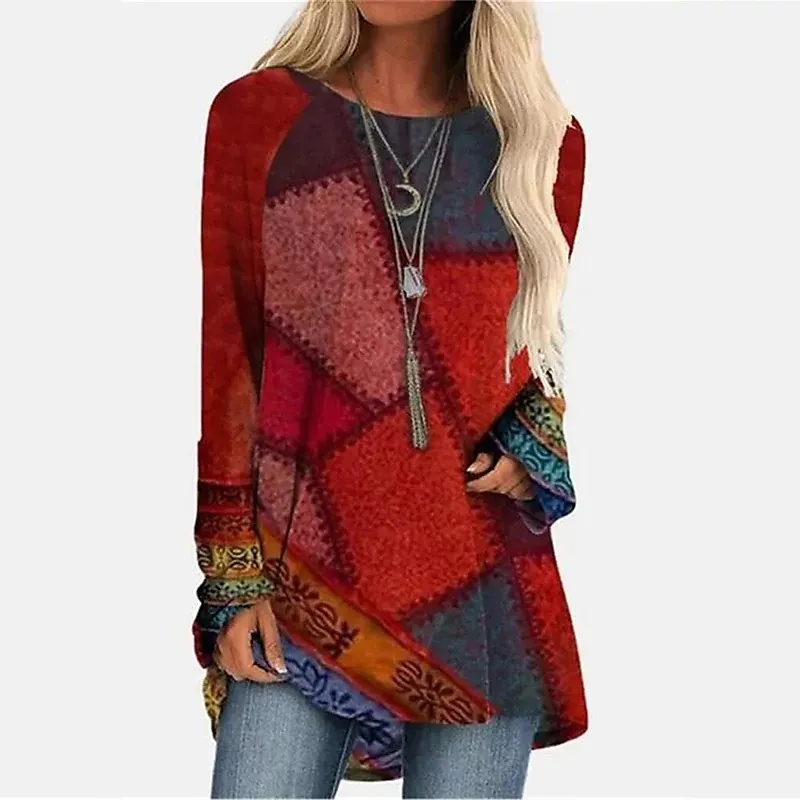 Women's T-shirt Long Sleeve 3D Flower Stitching Printing Round Neck Dress - Red