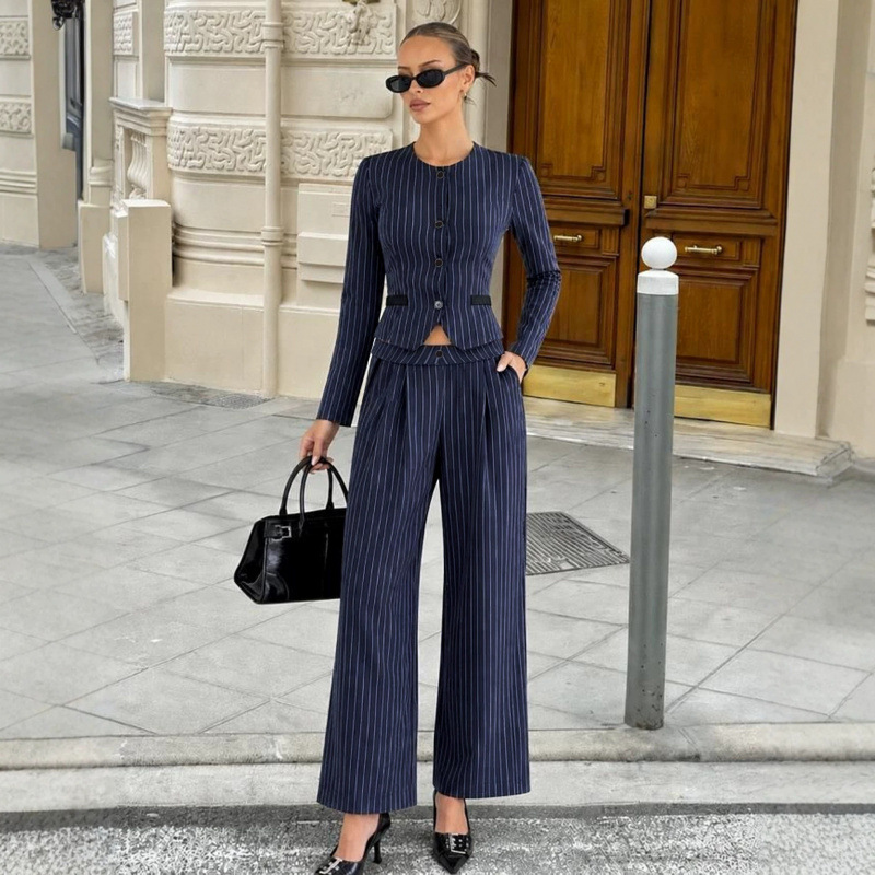 European And American Women's Navy Blue Pinstripe Suit Set