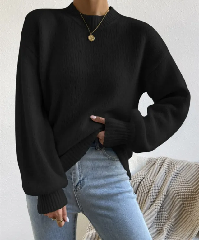 Pure Color Half Collar Leisure Pullover Sweater Women's Long sleeved Sweater Black - Shop at LoveMi