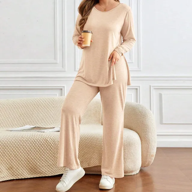 Split Long Sleeve T shirt Top Wide Leg Trousers Suit Apricot - Shop at LoveMi