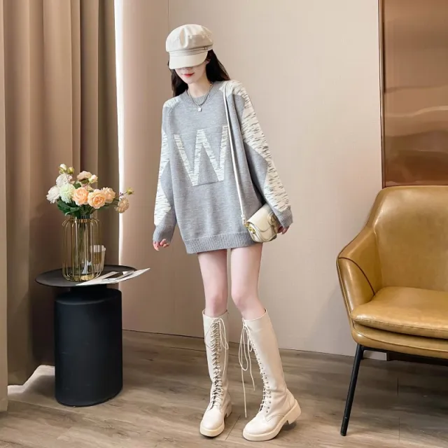 Contrast Color Letter Jacquard Crew Neck Pullover Sweater Women Gray - Shop at LoveMi