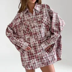 Lapel Loose Long Sleeve Casual Plaid Shirt - Plaid-L - View 1