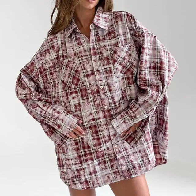 Lapel Loose Long Sleeve Casual Plaid Shirt Plaid L - Shop at LoveMi