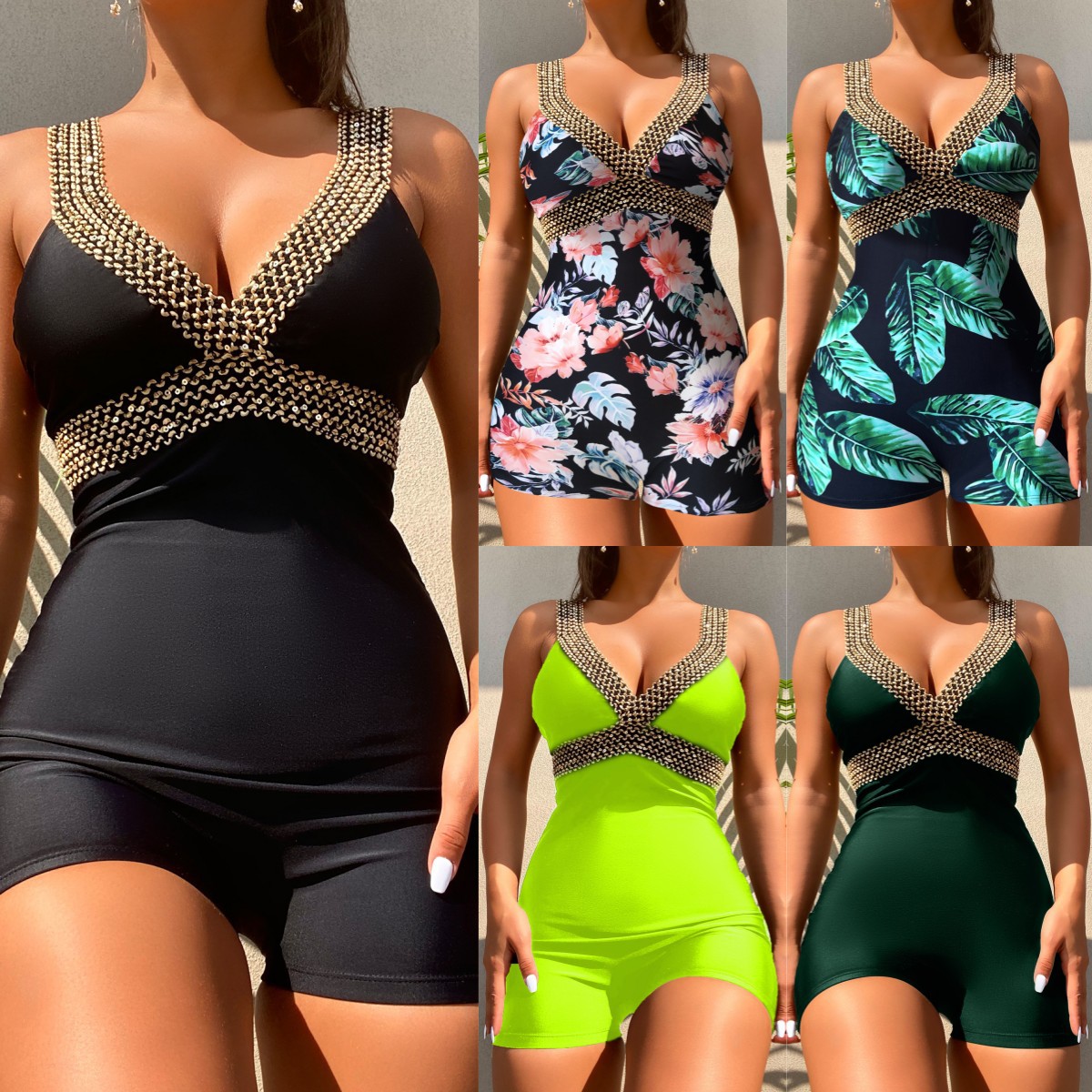 Sexy Solid-Color High-Cut Backless One-Piece Swimsuit With A Deep V-Neck