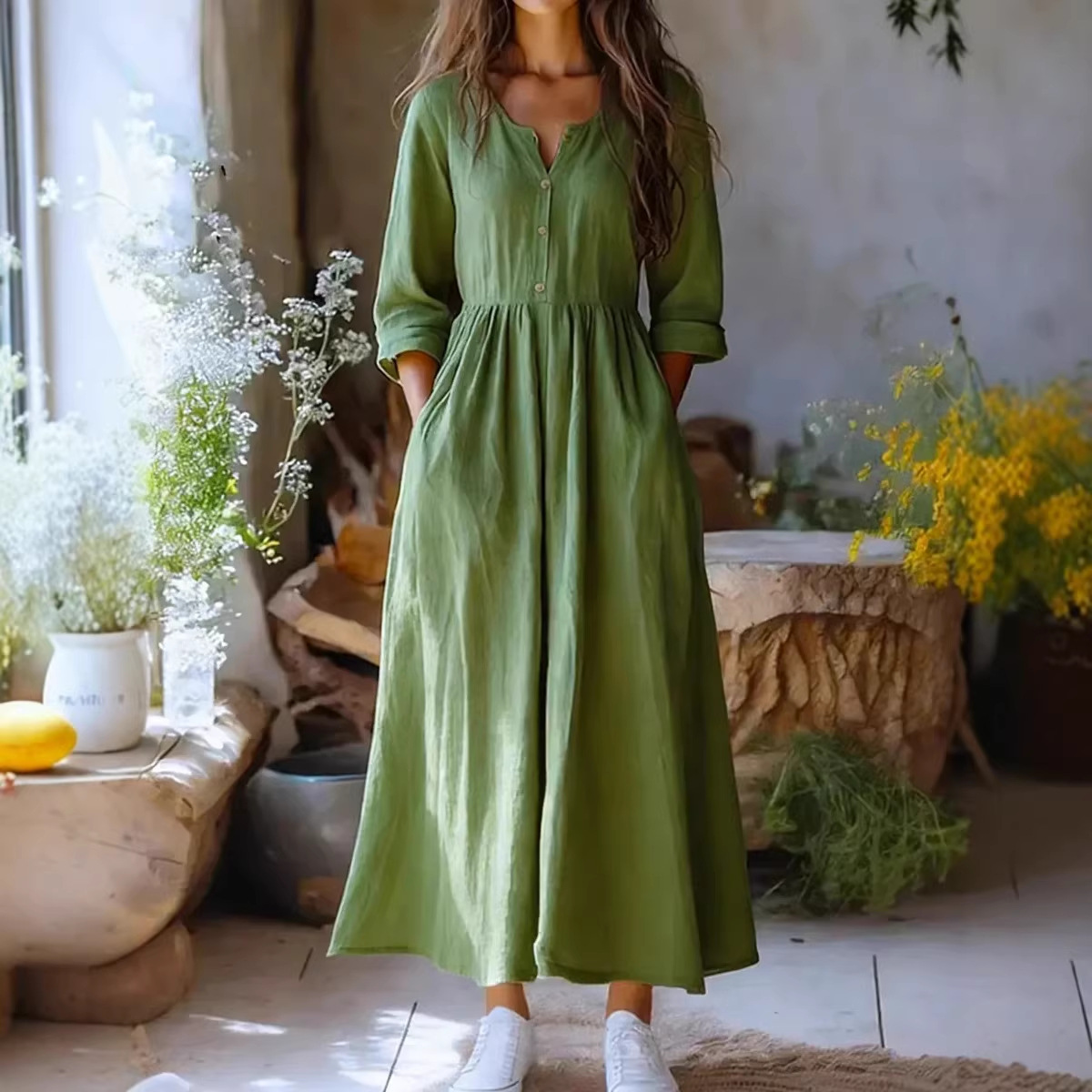 Womens Solid-Color Long-Sleeve Retro Cotton-Linen Dress