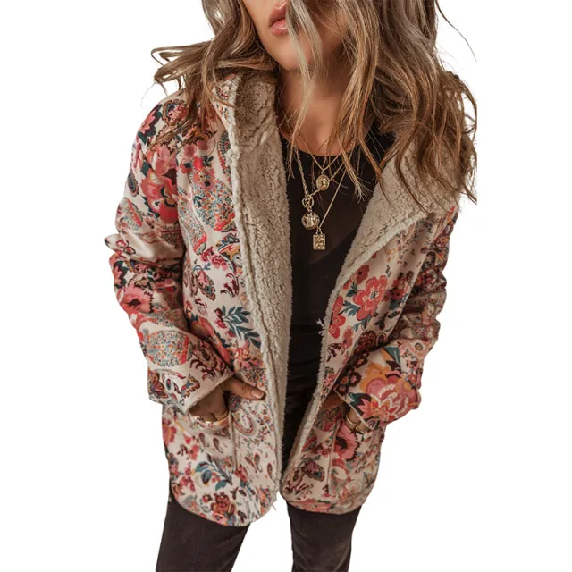 Casual Fleece Printed Long Sleeve Hooded Jacket Beige - Shop at LoveMi