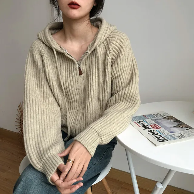 Korean Simple Short Hood Cardigan Wool Sunken Stripe Khaki - Shop at LoveMi