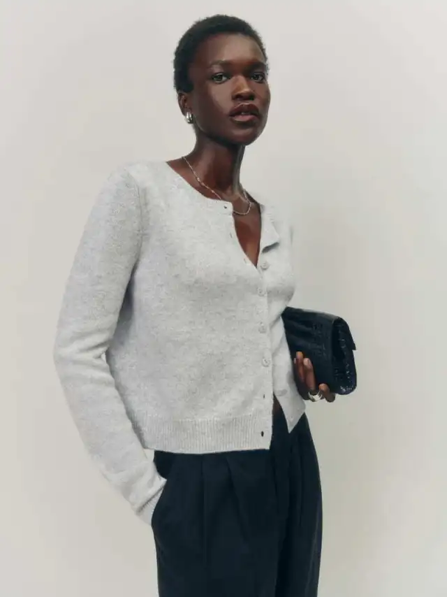 Women's Long sleeved Knitted Cardigan Top Button White Flower Gray - Shop at LoveMi