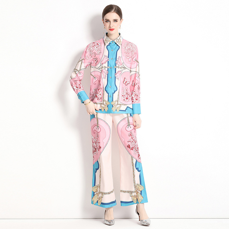 European And American Court Vintage Printed Shirt Wide Leg Trousers Suit