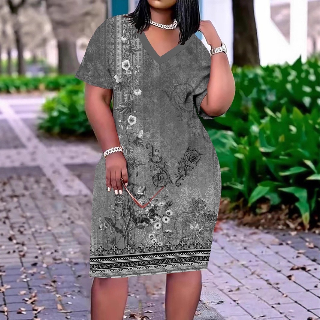 V-neck Short-sleeve Printed Dress Plus Size Skull