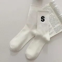 Women's Embroidered S-letter Cotton Sweat-absorbent Autumn And Winter Socks - White One Pair - View 1
