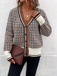 Knitted Cardigan Sweater Women's Coat V-neck - Houndstooth - View 1