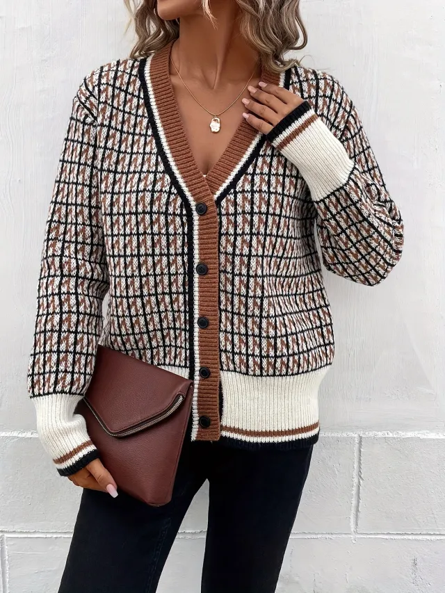 Knitted Cardigan Sweater Women's Coat V neck Houndstooth - Shop at LoveMi